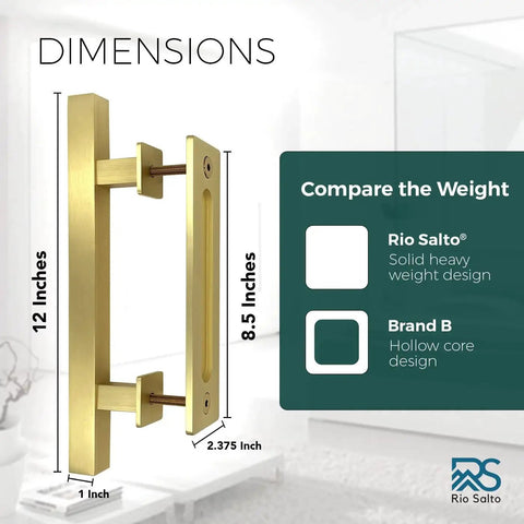 12 Inch Brushed Brass Vintage Gold Barn Door Handle Kit With Closet Door Pull Flush Plate Stainless Steel Pull Handles And Matching Gold Screws Large Sliding Door Hardware Set With Protective Pads For Safe Contact 1 Pack showing dimensions.