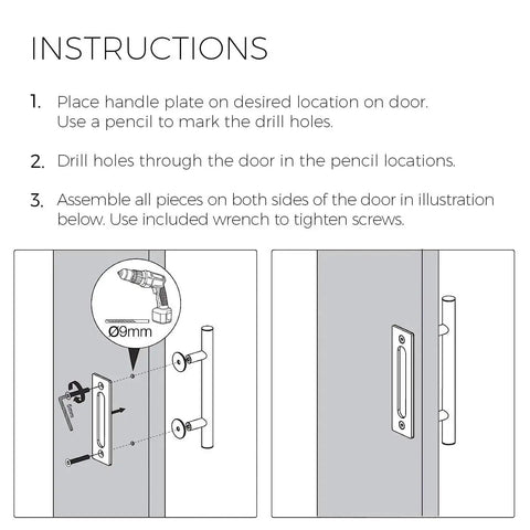Installation instructions for 12 Inch Brushed Brass Vintage Gold Barn Door Handle Kit With Closet Door Pull Flush Plate Stainless Steel Pull Handles And Matching Gold Screws Large Sliding Door Hardware Set With Protective Pads For Safe Contact 1 Pack.