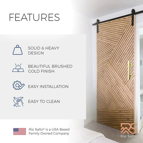 12 Inch Brushed Brass Vintage Gold Barn Door Handle Kit With Closet Door Pull Flush Plate Stainless Steel Pull Handles And Matching Gold Screws Large Sliding Door Hardware Set With Protective Pads For Safe Contact 1 Pack shown installed on wooden door.