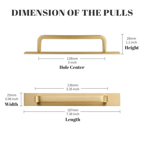 Dimensions of Solid Brass Cabinet Pull With Backplate Set Of 2 In Brushed Gold Finish, showing 5 inch hole centers, height, width, and length.