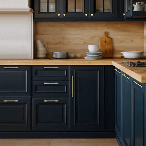 Dark blue kitchen cabinets with 20 Pack Brushed Gold Cabinet Handles Five Inch Kitchen Cabinet Pulls Drawer Dresser Hardware Solid Zinc Alloy
