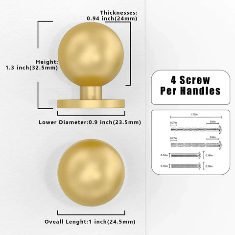 Set Of 10 Brushed Gold Cabinet Knobs 1 Inch Zinc Drawer Pulls showing dimension details and screw specifications