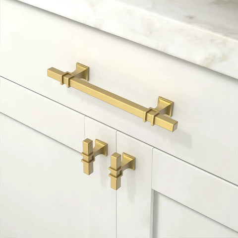 10 Pack Brushed Gold Cabinet Pulls 5 Inch 128mm installed on a white kitchen cabinet, durable metal hardware with premium finish