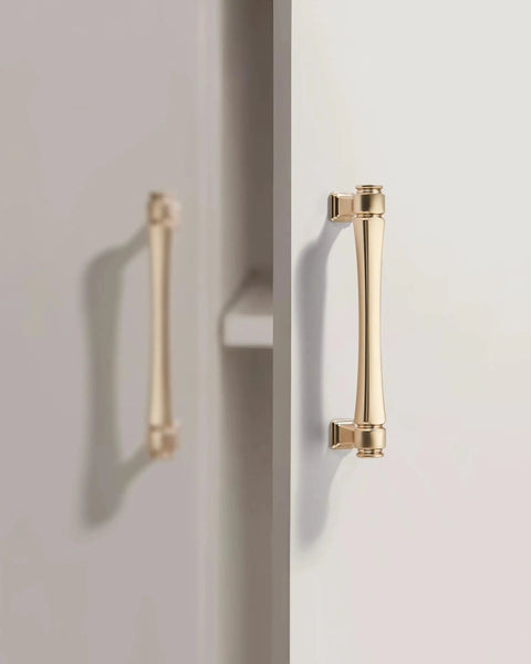 Brushed Gold Cabinet Pulls Set 10 Pack 5 Inch 128 Millimeters Solid Zinc Alloy Drawer Handles installed on cabinet
