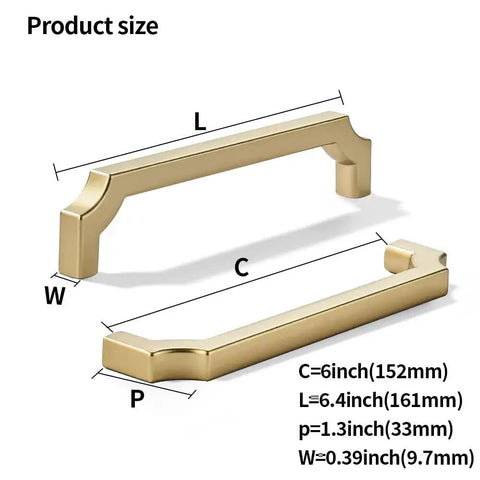 Square Brushed Gold Cabinet Pulls 2 Pack 6 Inch Center To Center Heavy Duty Zinc Alloy Handles product size diagram