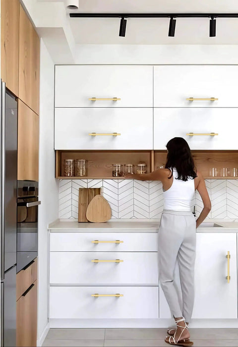 Modern kitchen with white cabinets featuring 10 Pack Brushed Gold Cabinet Pulls 5 Inch 128mm Kitchen Cabinet Handles for doors and drawers.