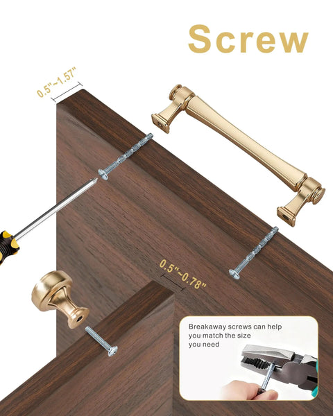 Brushed Gold Cabinet Pulls Set 10 Pack 5 Inch 128 Millimeters Solid Zinc Alloy Drawer Handles installation diagram with screws