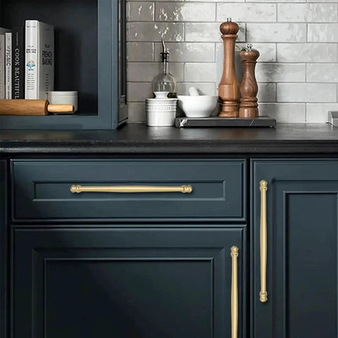 Modern kitchen with 2 Pack 4 Inch Center To Center Brushed Gold Cabinet Pulls Solid Cabinet Hardware on blue cabinets.