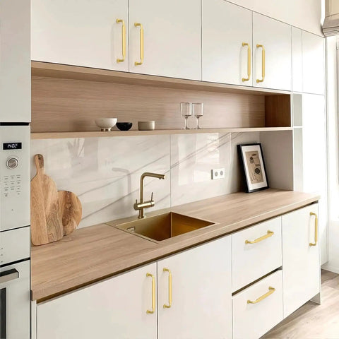 Brushed Gold Cabinet Pulls 5 Inch 128mm Pack Of 10 Kitchen Cabinet Handles on modern kitchen cabinets with wood countertop