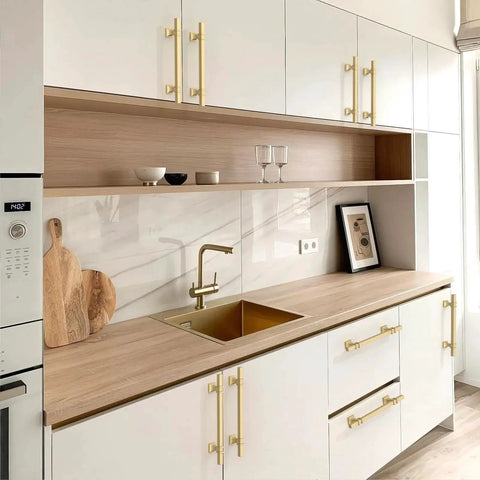 Modern kitchen with 10 Pack Brushed Gold Cabinet Pulls 5 Inch 128mm Kitchen Cabinet Handles for doors and drawers, wood countertop.
