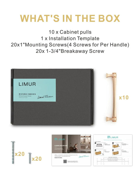 Box contents of Brushed Gold Cabinet Pulls Set 10 Pack 5 Inch 128 Millimeters Solid Zinc Alloy Drawer Handles, screws, and template