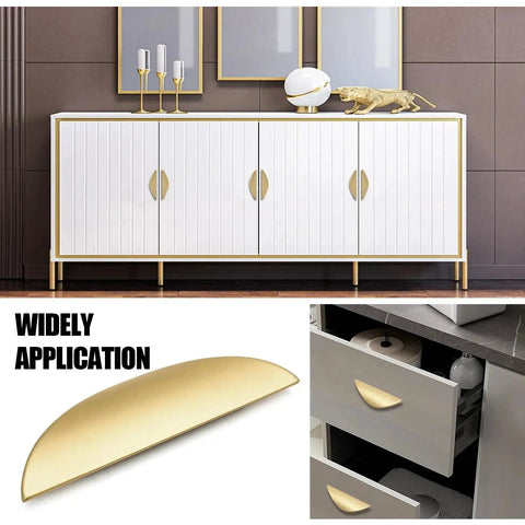 Brushed Gold Crescent Cabinet Pulls Two And A Half Inch Hole Centers Semi Circle Moon Drawer Pulls installed on cabinet and drawers