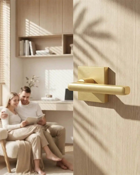 Gold Interior Door Handles Set for Bedroom and Bathroom, Zinc Alloy Heavy Duty Brushed Gold Privacy Levers installed on door