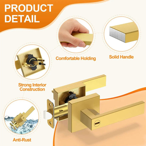 Detailed view of Six Pack Brushed Gold Door Handles For Interior Doors, showing components and anti-rust feature.