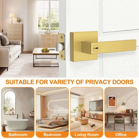Six Pack Brushed Gold Door Handles For Interior Doors, heavy-duty flat square privacy levers shown on bedroom door