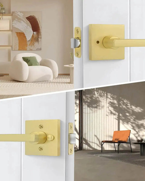 Gold Interior Door Handles Set for Bedroom and Bathroom, square design with keyless push button lock, two installed views.