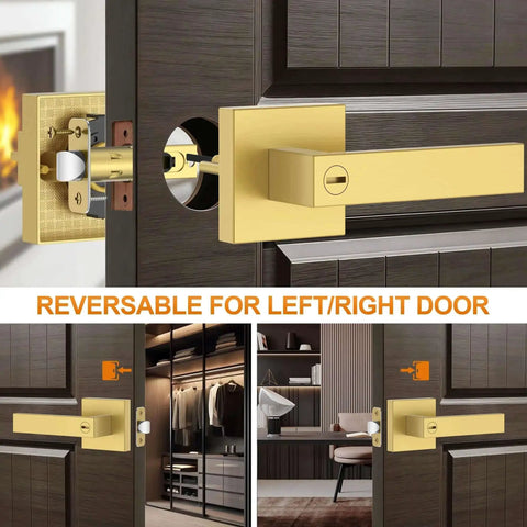 Six Pack Brushed Gold Door Handles For Interior Doors, Heavy Duty Flat Square Privacy Levers, Keyless Lever Set shown on dark wood door