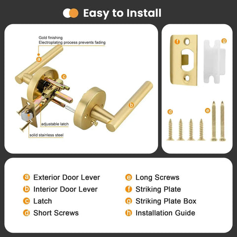 Brushed Gold Privacy Door Levers Set, 4 Pack For Bedroom And Bathroom, installation components and features labeled.
