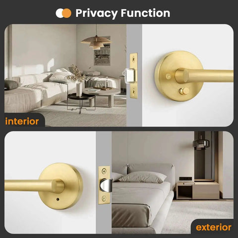 Brushed Gold Privacy Door Levers Set for Bedroom and Bathroom, visible in interior and exterior settings, demonstrating keyless operation.