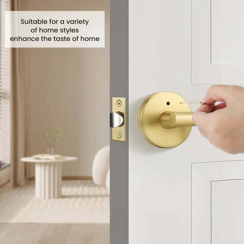 Hand turning Brushed Gold Privacy Door Levers Set for Bedroom and Bathroom, showing modern interior door hardware, keyless reversible function