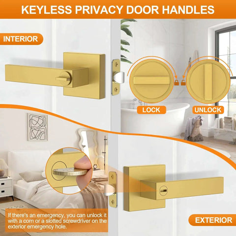 Six Pack Brushed Gold Door Handles For Interior Doors, Heavy Duty Flat Square Privacy Levers, Keyless Lever Set For Bedroom And Bathroom