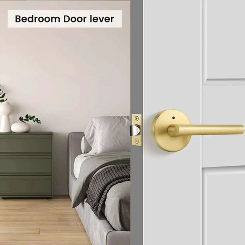 Brushed Gold Privacy Door Levers Set in bedroom, modern interior hardware, 4 pack, for left or right handed doors.