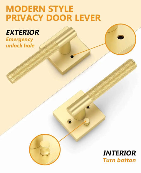 Gold Privacy Door Handle Set 1 Pack With Interior Keyless Lever And Knobs For Bedroom Or Bathroom, detailed view showing exterior unlock hole and interior turn button on a brushed gold handle.
