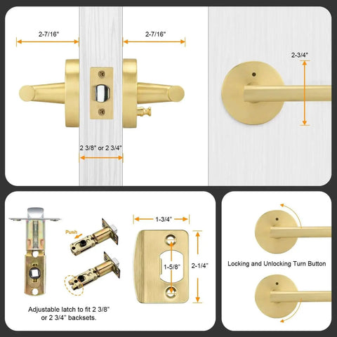 Brushed Gold Privacy Door Levers Set, 4 Pack For Bedroom And Bathroom, size details and components shown in diagram
