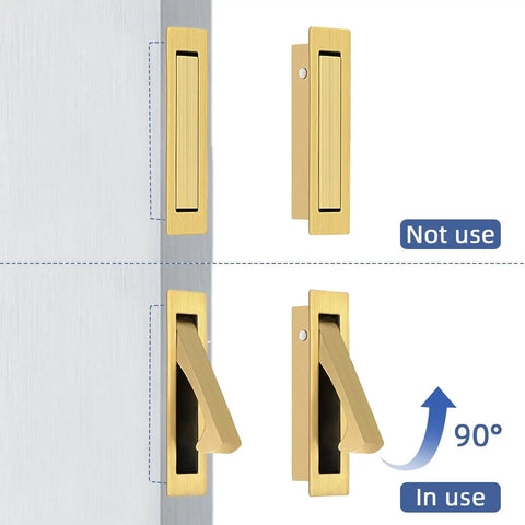 Brushed Gold And Stainless Steel Pocket Door Handles And Edge Pulls Kit for sliding doors shown in use and not in use positions.