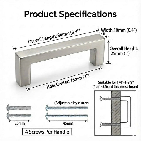Brushed Nickel Cabinet Handles With 3 Inch Center To Center Square Drawer Pulls, solid zinc alloy, shown with dimensions and screws