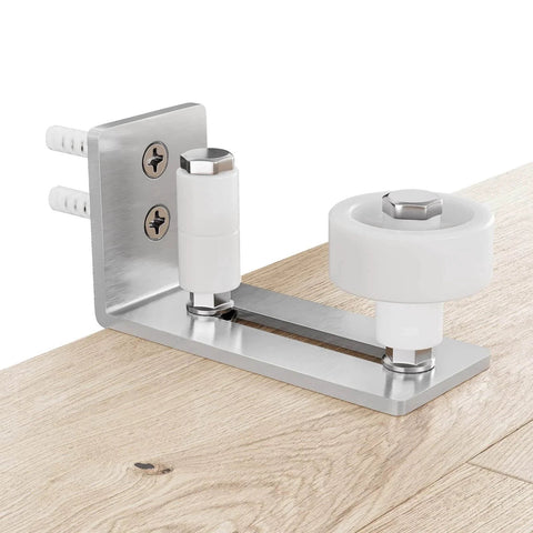 Sliding Barn Door Floor Guide With Bottom Adjustable Roller 8 Setup Options For DIYers, brushed nickel, flat design for smooth operation.