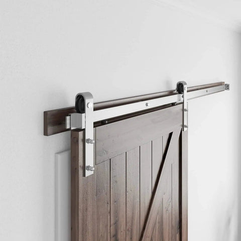 Brushed Nickel Barn Door Hardware Kit 6.6 Feet Heavy Duty Sliding Track System For 36 To 40 Inch Wide Doors installed on wooden door