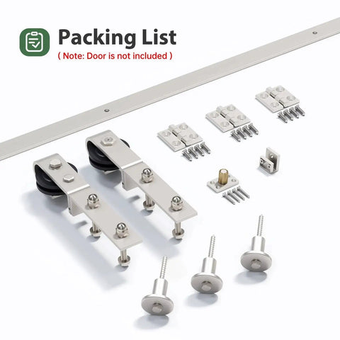 28 Inch Brushed Nickel Bifold Sliding Barn Door Hardware Track Kit With Side Mounted J Shape Rollers, components displayed.