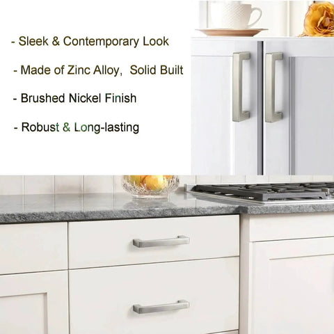 Brushed Nickel Cabinet Handles With 3 Inch Center To Center Square Drawer Pulls installed in a modern kitchen cabinet.
