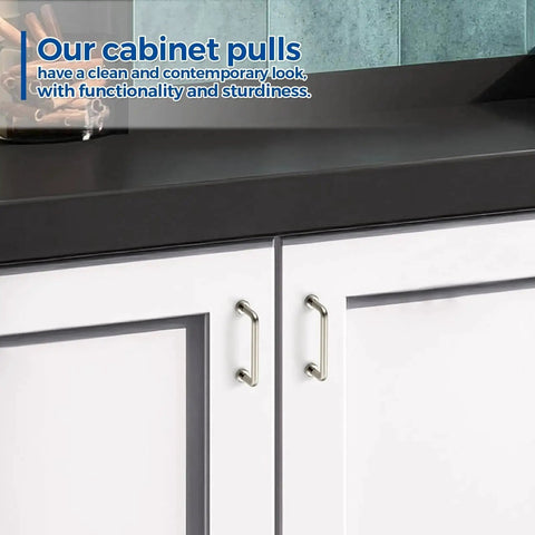 Brushed Nickel Cabinet Pulls 3 Inch Hole Center 30 Pack Zinc Alloy Handles Installed on White Cabinets in Kitchen