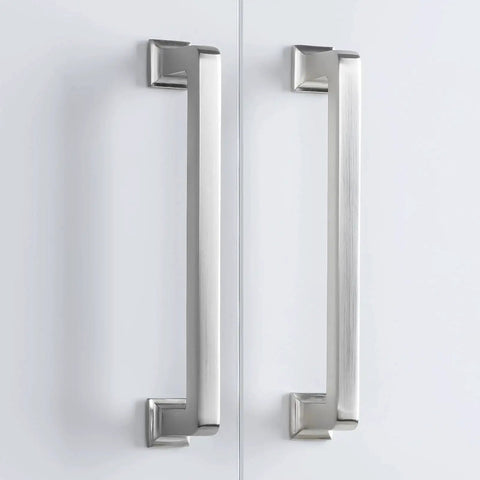 10 Pack Brushed Nickel Cabinet Pulls 5 Inch 128mm Long Kitchen Cabinet Handles installed on white cabinet doors