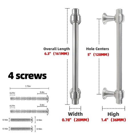10 Pack Brushed Nickel Cabinet Pulls 5 Inch 128mm Kitchen Cabinet Handles Drawer Pulls with dimensions and screws shown