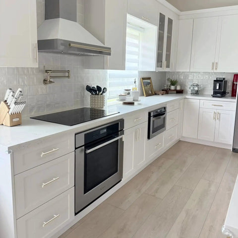 Modern kitchen with Brushed Nickel Cabinet Pulls 5 Inch Long, 10 Pack Stainless Steel Kitchen Hardware installed on white cabinets.