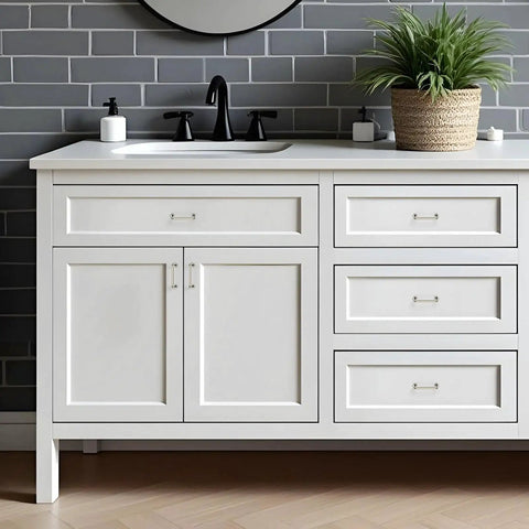 Brushed Nickel Cabinet Pulls 3 Inch Hole Center 30 Pack Zinc Alloy Handles on white bathroom vanity with modern design.