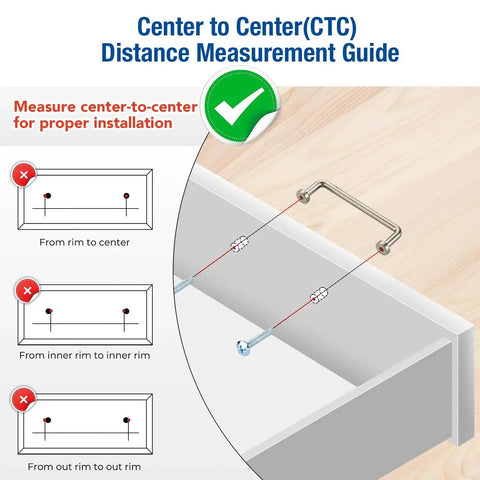Center-to-center distance measurement guide for installing Brushed Nickel Cabinet Pulls 3-3/4 Inch Hole Center 20 Pack
