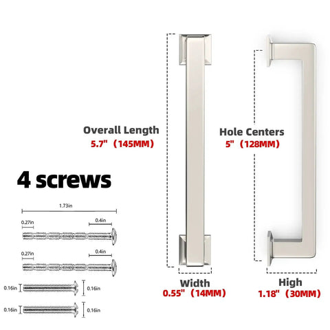10 Pack Brushed Nickel Cabinet Pulls 5 Inch 128mm Long Kitchen Cabinet Handles with dimensions and screws for easy install