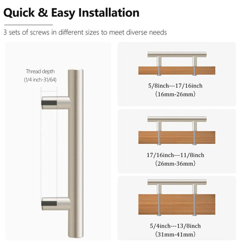Brushed Nickel Cabinet Pulls 5 Inch Long, 10 Pack Stainless Steel Kitchen Hardware with screw sizes illustration for cabinets and drawers.