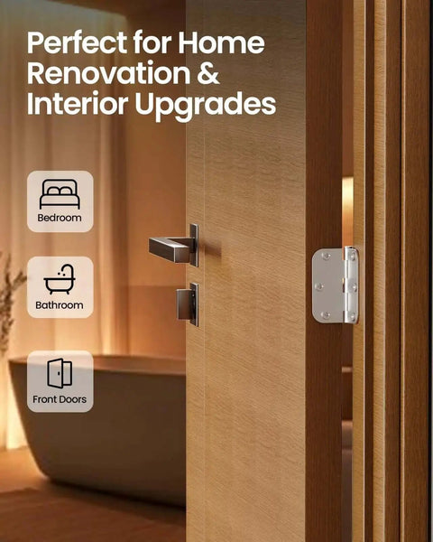 Brushed Nickel Hinges Set 30 Pack Three And A Half Inch Rounded With Five Eighth Radius for interior doors shown on wood door.