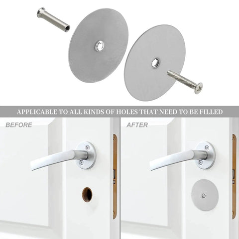 Brushed Nickel Door Hole Cover Plate 66mm Round Fits 12.7 To 54mm Holes For Interior Doors with screws and installation view.