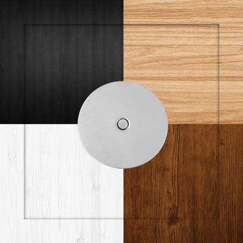 Brushed Nickel Door Hole Cover Plate 66mm Round Fits 12.7 To 54mm Holes for Interior Doors, shown on various wood textures