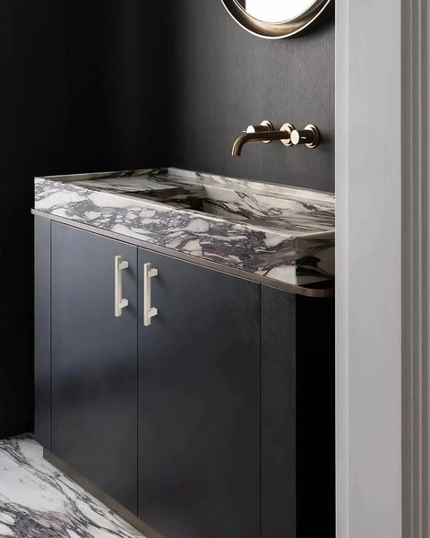Bathroom cabinet with Adjustable Drawer Pulls 5 Pack In Brushed Nickel, Modern Square Cabinet Handles, 3.8 Inches spacing.