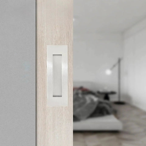 6 Inch Recessed Finger Flush Pulls For Pocket Doors Sliding Doors Closets And Barn Doors Hardware In Brushed Nickel Silver Made From 304 Stainless Steel With Moisture Proof And Rust Resistant Construction, Wear Resistant, Heavy Duty And Durable, 2 Pack installed on light wood door