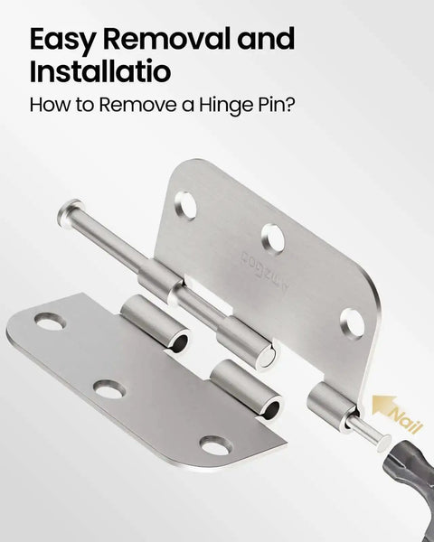 Brushed Nickel Hinges Set 30 Pack Three And A Half Inch Rounded With Five Eighth Radius showing easy pin removal for wood or metal doors.