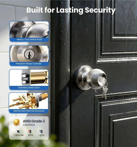 Keyed Entry Door Knob With Quick Exit Thumbturn For Bedroom And Office Security shown installed on door in rain
