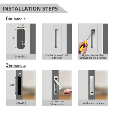 Installation steps for Brushed Nickel Pocket Door Handles And Edge Pulls 6 Inch Recessed Finger Flush Pulls, showing grooving and installation.